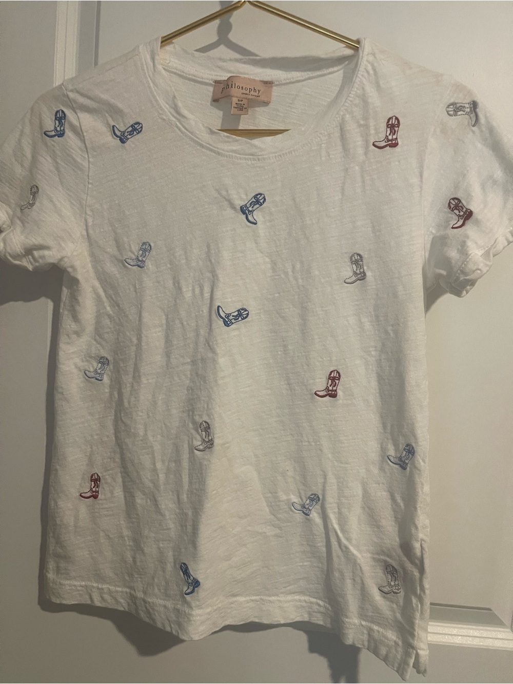 Philosophy White Womens S/P Embroidered Cowboy Boot Tee - Red & Blue Accents